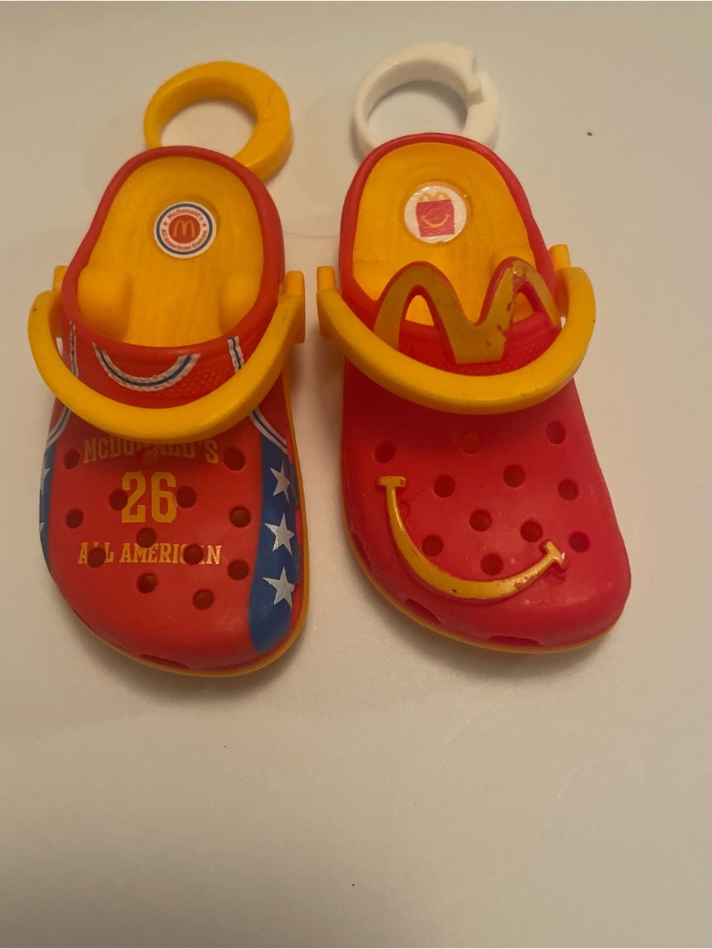 Lot Of 2 McDonald's Happy Meal Mini Red Blue Crocs White 3" Keychain toy bag tag